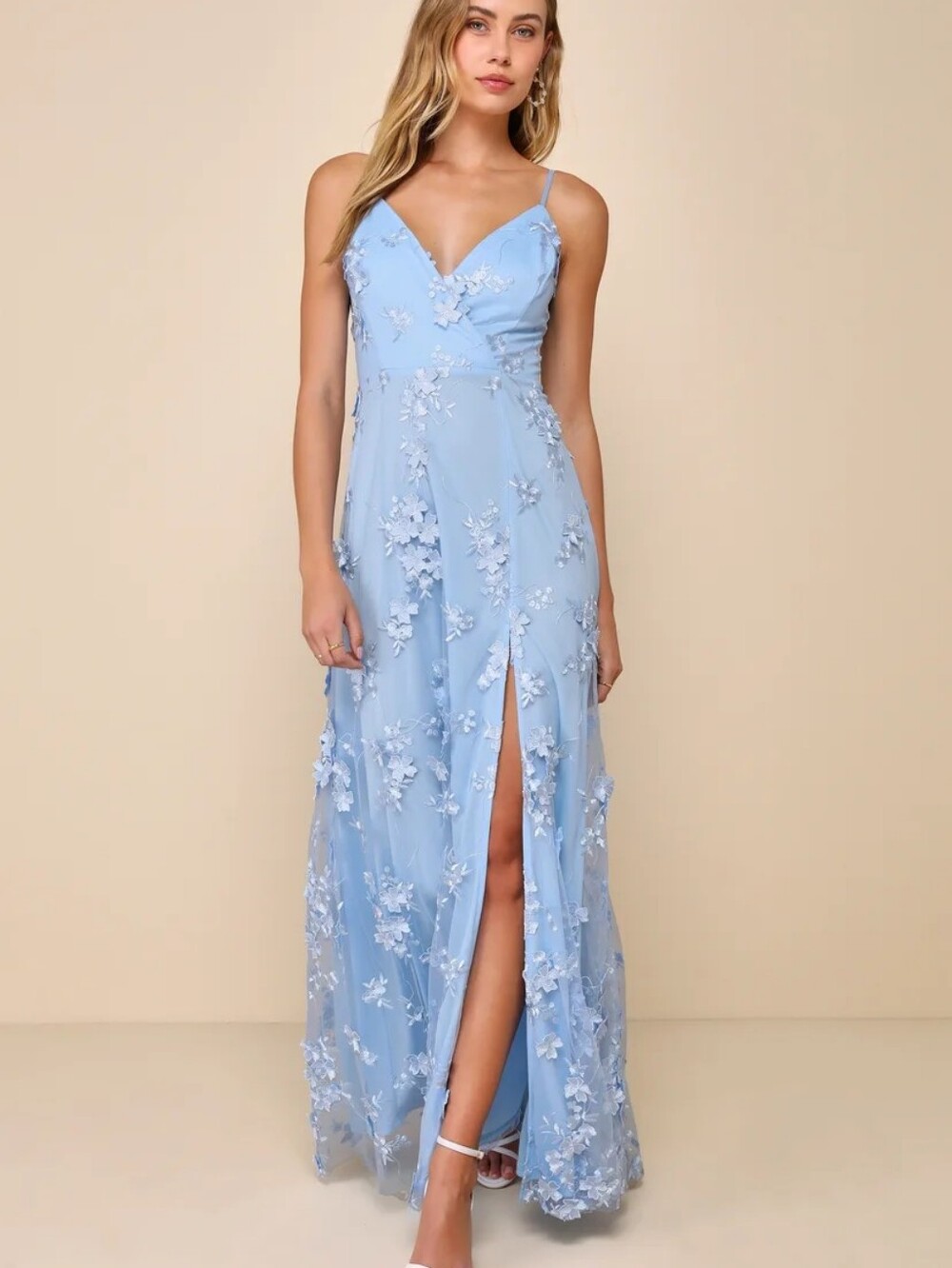 Lulus- Rare Presence Powder Blue 3D Floral Surplice Maxi Dress-XL